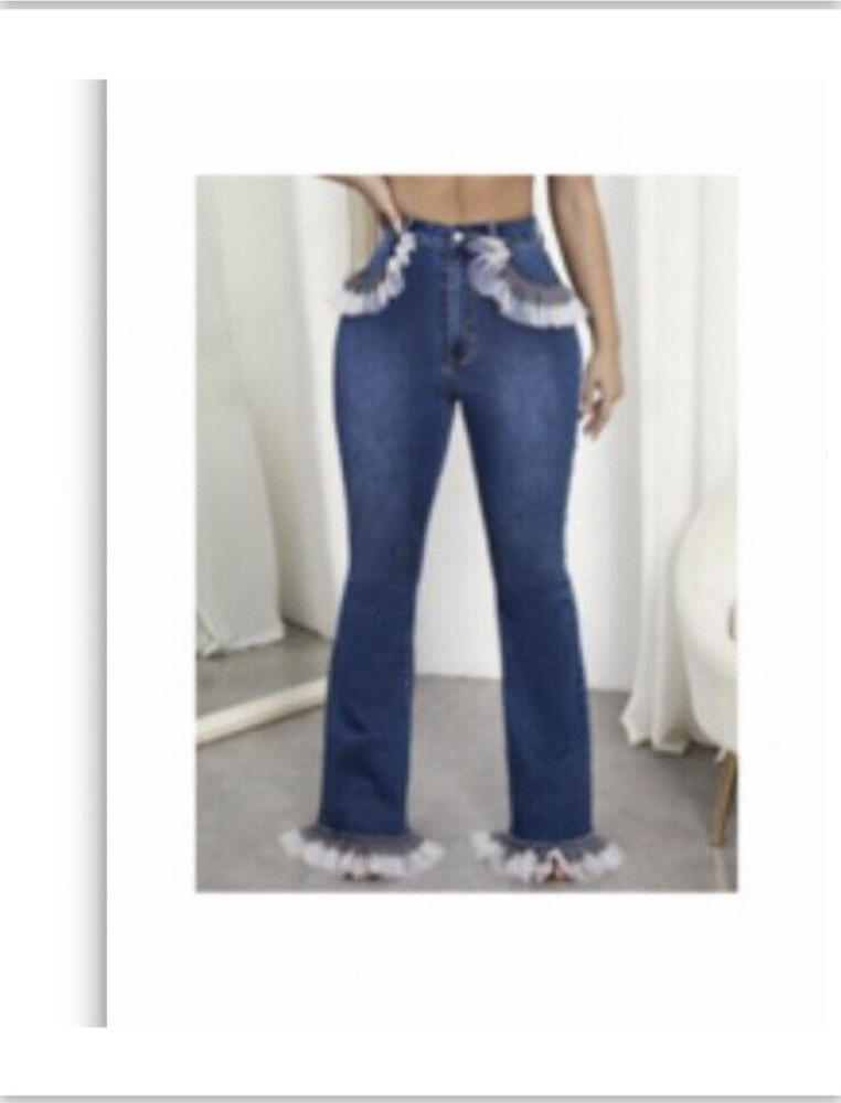 Shein High Waist Frill Contrast Mesh Flare Leg Ruffle Trim Tulle Detail Jeans